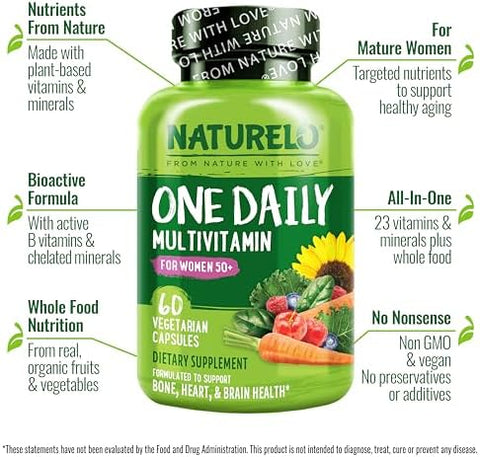 Naturelo One Daily Multivitamin For Women 50+ (Iron) 60 Capsules Calcium Supplement For Bone Strength 120 Capsules Bundle