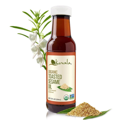Kevala Organic Toasted Sesame Oil Cold Pressed and Unrefined Oil for Daily Cooking and Baking Made with Top Selection Roasted Sesame Seeds Great for StirFry Vegetables 8 oz Glass Bottle