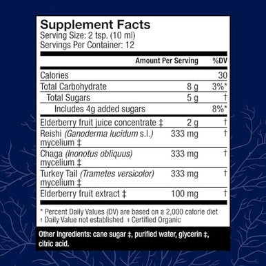 Host Defense Elderberry Plus Syrup Immune Respiratory & Lung Support Supplement Liquid Mushroom Supplement With Turkey Tail Reishi Agarikon & Chaga 4 Fl Oz (12 Servings)