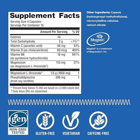 Natural Vitality Focus Magnesium LThreonate and Phosphatidylserine Nootropic Brain Supplements for Memory Focus and Cognition Gluten Vegetarian 60 Capsules