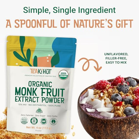 Pure Organic Monk Fruit Extract Powder, No Erythritol 4oz, 100% Monk Fruit Sweetener Powder for Keto and Paleo Diet, No Aftertaste, Zero Calories, Zero Carbs, Pure Monk Fruit Extract, 364 Servings
