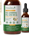 Mulittea 2 Pack Organic Vitamin D3 K2 Liquid W/ Vegan Omega3 & Coconut Mct Oil 10000 Iu Maximum Strength Vitamin D Supplement No Fillers Nongmo K2 As Mk7 For Bones Muscles & High Absorption2 Fl Oz
