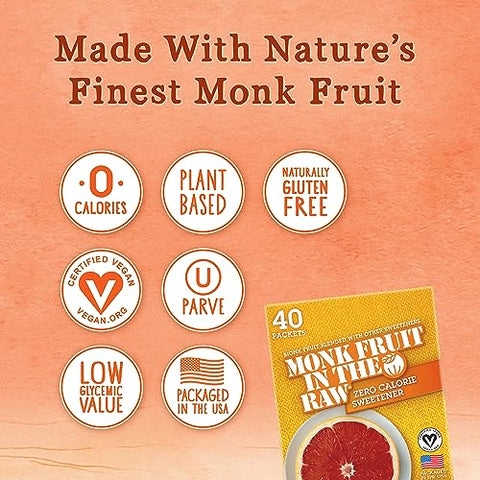 Monk Fruit In The Raw, Natural Monk Fruit Sweetener, Sugar-Free, Gluten Free, Zero Calorie, Vegan Sugar Substitute, 40 Count Packets (Pack of 4)