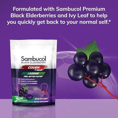 Sambucol Black Elderberry Cough Relief Lozenges - Cough Drops For Adults Sambucus Elderberry Lozenges With Ivy Leaf Cough & Mucus Relief Immune Support Berry Eucalyptus - 24 Count 1 Pack