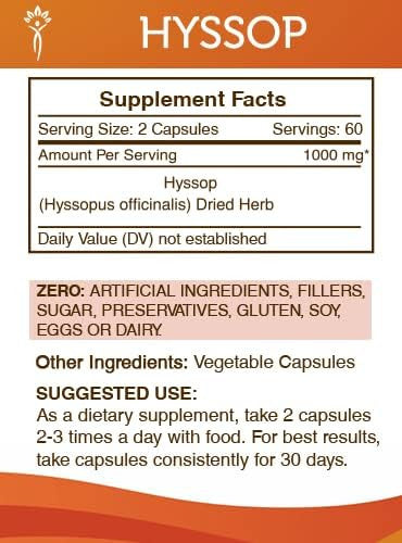 Secrets of the Tribe Hyssop 120 Capsules, 1000 mg, Hyssop (Hyssopus officinalis) Dried Leaf and Flower (120 Capsules)