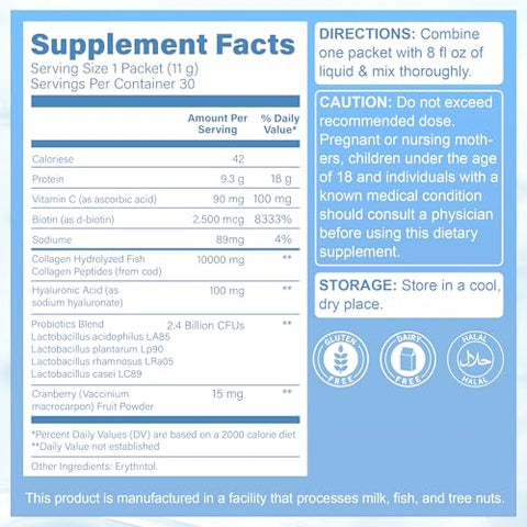 Hugrose Marine Collagen Peptides Wild-Caught Non-Gmo Verified Hydrolyzed Collagen Peptides With Vitamin C Hyaluronic Acid And Biotin Msc-Certified Unflavored Travel Packs 11G 30 Individual Packets