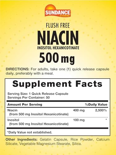 Sundance Flush Free Niacin 500 mg 50 Capsules Inositol Hexanicotinate Essential Vitamin NonGMO and Gluten Free Supplement