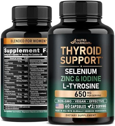 Thyroid Support For Women - Selenium 200 Mcg Zinc & Iodine L-Tyrosine Magnesium Adaptogen Herbs - 21-In-1 Antioxidant & Immune Support - Vegan, Non-Gmo, Lab Tested - 60 Capsules, Made In Usa