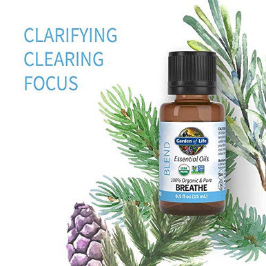 Garden Of Life Essential Oils 100 Organic & Pure Rosemary Black Spruce & Fir Balsam Essential Oil - Breathe Blend For Diffusers Home Skin & Body Care Clarifying Clearing Focusing 0.5 Fl Oz