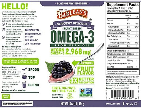 Barlean'S Omega 3 Liquid Supplement Bundle Blackberry Smoothie Flax Seed Oil And PiÃ±a Colada Fish Oil Supplements Set 16 Oz