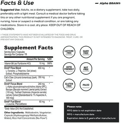 ONNIT Alpha Brain 30ct 3Pack Over 1 Million Bottles Sold Premium Nootropic Brain Supplement Focus Concentration Memory Alpha GPC L Theanine Bacopa Monnieri