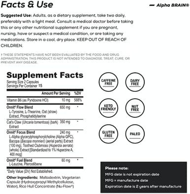 Onnit Alpha Brain Premium Nootropic Brain Supplement - Caffeine- Focus Capsules for Concentration Brain Booster & Memory Support - Cat's Claw Bacopa Oat Straw (30ct 2-Pack)