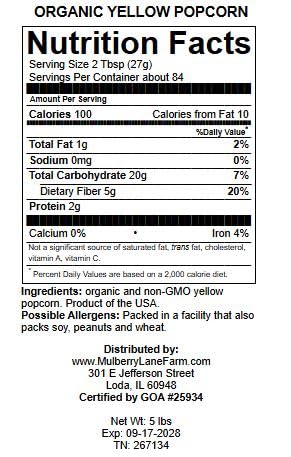 Yellow Popcorn Popping Corn, 5 Pounds Kernels, USDA Certified Organic, Non-GMO Bulk, Product of USA, Mulberry Lane Farms