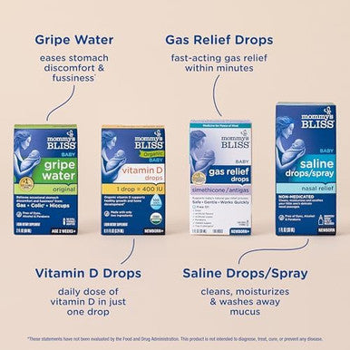 Mommy'S Bliss 4-Piece born And Baby Essentials Kit - With Gripe Water, Gas Relief Drops, Vitamin D 400Iu, And Saline Drops/Spray - The Perfect Baby .