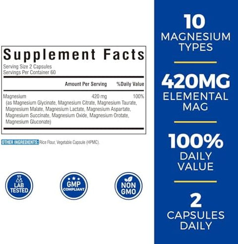 10 in 1 Magnesium Complex 120 Vegan Capsules and Probiotics for Men 70 Billion CFU 15 Strains