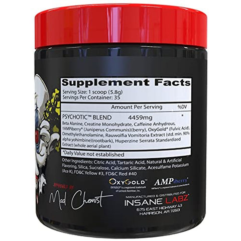 Insane Labz Psychotic High Stimulant Pre Workout Powder Extreme Lasting Energy Focus And Endurance With Beta Alanine Creatine Monohydrate Dmae 35 Srvgs (Hawaiian Orange)