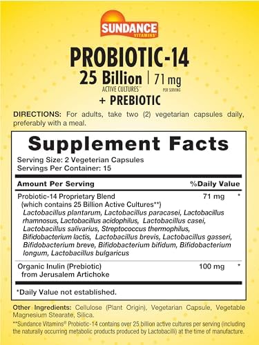 Sundance Probiotic14 25 Billion Cultures 30 Capsules With Prebiotics Vegetarian Nongmo And Gluten Supplement