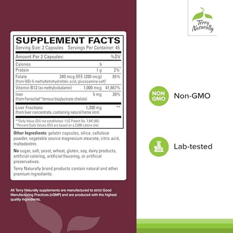 Terry Naturally Liver Fractions Endurance & Energy Support With Gentle Iron Dietary Supplement Supports Healthy Red Blood Cell Formation Iron Supplement For Liver Health 90 Capsules