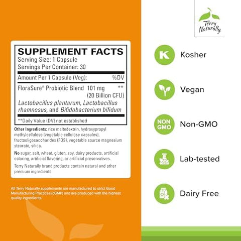Terry Naturally Florasure Probiotic Digestion Supplement To Aid Against Occasional Bloating & Support Gas Relief Gut Health Support Supplement With Bifidobacterium Bifidum 30 Capsules