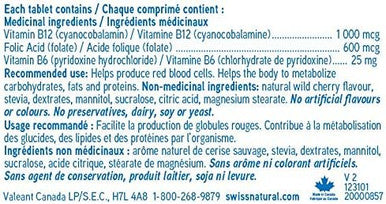 Swiss Natural Vitamin B12, B6 and Folic Acid Cherry Chewable Tablet, 60 tablets