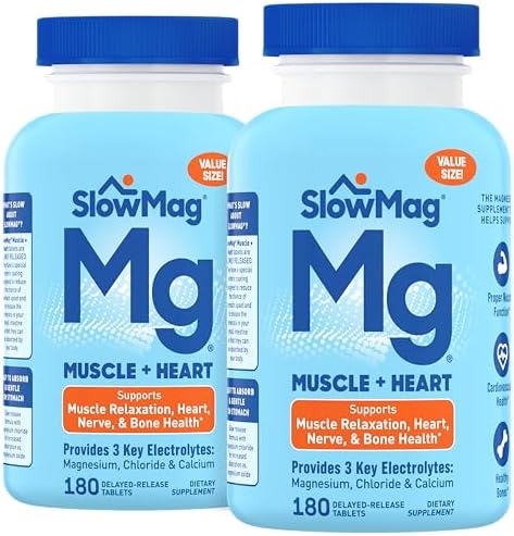 Slowmag Muscle & Heart Magnesium Chloride Supplement With Calcium 180 Count Supports Muscle Relaxation Heart Nerve & Bone Health High Absorption (Pack Of 2)