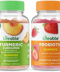 Lifeable Turmeric Curcumin + Probiotic 2 Billion Cfu Gummies Bundle Great Tasting Vitamin Supplement Gluten Gmo Chewable Gummy