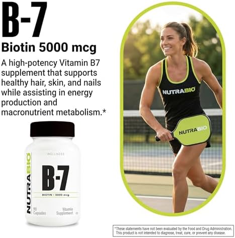 Nutrabio Biotin (Vitamin B7) Supplement 5000Mcg May Help Promote Healthy Hair Skin And Nails 90 Vegetable Capsules