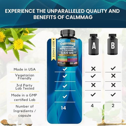 Best Magnesium Glycinate with Ashwagandha and LTheanine 14 in 1 Supplement 60 Capsules 3 Bottle