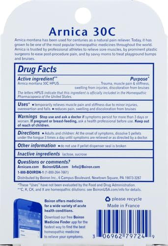 Boiron Arnica Montana 30C Homeopathic Medicine For Relief From Muscle Pain Muscle Stiffness Swelling From Injury And Discoloration From Bruises 3 Count (240 Pellets)