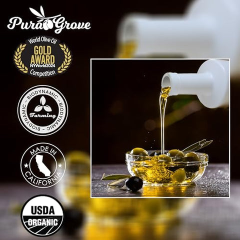 Pura Grove Organic Cold Pressed Extra Virgin Olive Oil Premium Grade - High Polyphenol - Hand Harvested & California Grown - 16.9Oz Opaque Glass Bottle 2024 Harvest 2025 Bottled
