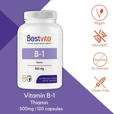 Vitamin B-1 (Thiamin) 500mg (120 Vegetarian Capsules) - No Stearates - Vegan - No Calcium Carbonate - Non GMO - Gluten Free - No Silicon Dioxide