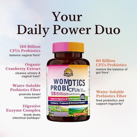 Vitalitown Probiotic Bundle (Pack Of 2) WomenS Probiotics 120 Billion (Item 1) & Probiotics 60 Billion (Item 2) Shelf Stable Digestive & WomenS Health 30 Servings Each