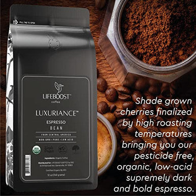 Lifeboost Organic Espresso Beans Whole USDA Organic Low Acid Mold Free Dark Roast Coffee Whole Bean Single Origin High Caffeine Arabica 12 oz Bag
