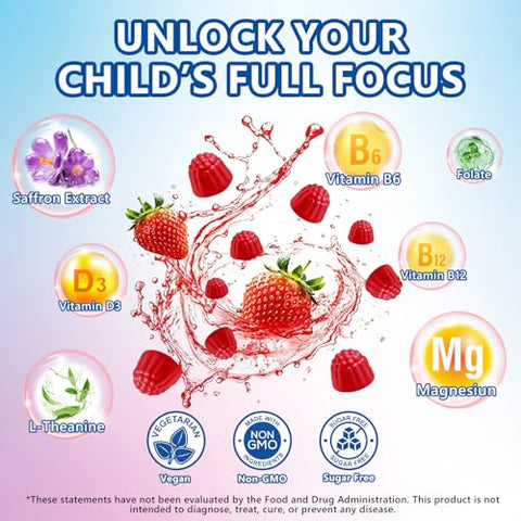 Sept Yan Saffron Gummies Kids With Magnesium L-Theanine Vitamin D3 B6 B12 Saffron For Kid Focus Mood Support Natural Saffrons Extract Supplement For Active Children Calm 60 Count Strawberry Sugar Free