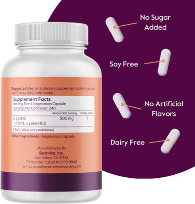 Bestvite L-Lysine 500mg per Capsule (240 Vegetarian Capsules) - No Stearates - No Fillers - No Flow Agents - Vegan - Non GMO - Gluten - No Stearic Acid - No Dicalcium Phosphate