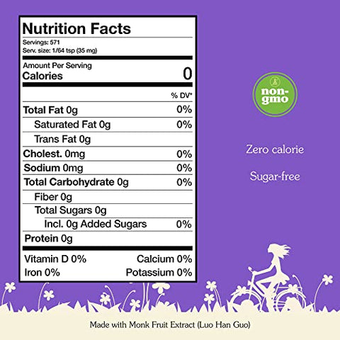 NuNaturals All-Natural Pure Monk Fruit Powder Plant-Based Sweetener, Zero-Calorie, Low Glycemic, .71 oz