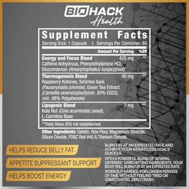 Biohack Health #1 Weight Loss Pills For Women & Men Appetite Suppressant, Belly Fat Burner Supplement, Metabolism Booster, Carb Blocker Diet Pills That Work Fast - 60 Servings