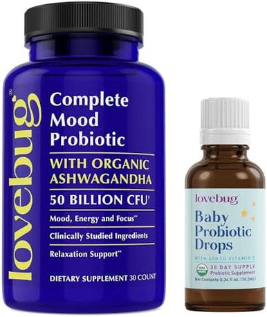 Lovebug Stress And Mood Support Probiotics With Ashwagandha And Baby Probiotic Drops Bundle