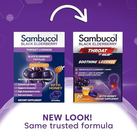 Sambucol Black Elderberry Throat Lozenge - With Honey Vitamin C & Zinc Elderberry Lozenges Sore Throat & Cough Soothes Scratchy Throat Supports Immunity Soft & Chewy - 20 Count 2-Pack
