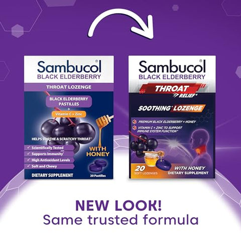 Sambucol Black Elderberry Throat Lozenge - Sore Throat Drops With Black Elderberry Honey Vitamin C & Zinc Sore Throat Relief For Adults & Kids Soothes Cough Soft & Chewy - 20 Count Pack Of 2