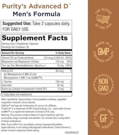 Purity Products Dr. Cannell'S Advanced Vitamin D Men'S Formula Packed With Vitamin D, Vitamin K2, Zinc, Magnesium Citrate, Boron And Taurine - 60 Vegetarian Capsules