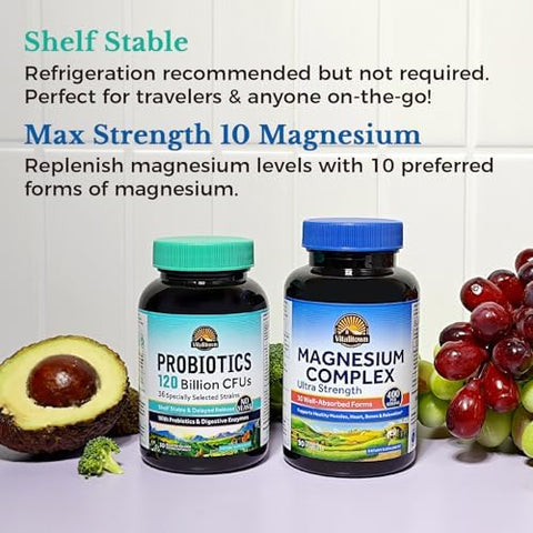 Vitalitown Probiotic + Magnesium Bundle (Pack Of 2) Probiotics 120 Billion (Item 1) & 6-In-1 Magnesium Complex (Item 2) Gut Bone Muscle Sleep Health Vegan 30 Capsules & 120 Capsules
