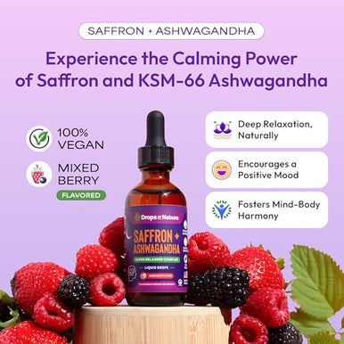 Drops Of Nature Ashwagandha & Saffron Liquid Drops Supplement (Mixed Berry 60Ml) & Pella Nutrition Mushroom Coffee With Lion'S Mane (Low-Caffeine 60 Cups) Vegan Non-Gmo Focus & Mood Balance