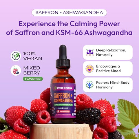 Drops Of Nature Ashwagandha & Saffron Liquid Drops Supplement (Mixed Berry 60Ml) & Pella Nutrition Mushroom Coffee With Lion'S Mane (Low-Caffeine 60 Cups) Vegan Non-Gmo Focus & Mood Balance