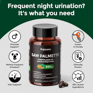Hojasana 6-In-1 Saw Palmetto Prostate Health Supplement For Men Over 40 320Mg Pharmaceutical Grade With Graminex Pumpkin Seed Oil Nettle Natural Urinary Tract & Hair Health Support 60 Softgels