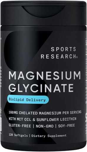 Sports Research Magnesium Glycinate - Suports Restful Sleep & Enzymatic Processes - 160 Mg Chelated Magnesium - Liquid Softgel - 120 Count