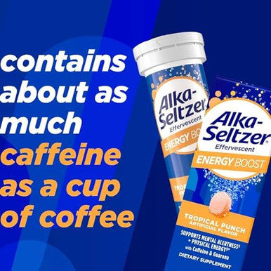 Alka-Seltzer Energy Boost: Caffeine & Guarana, B Vitamins, Supports Mental Alertness And Physical Energy, Daily Energy Supplement, Fizzy Tablets, Sugar-, Light Tropical Punch Flavor, 30Ct
