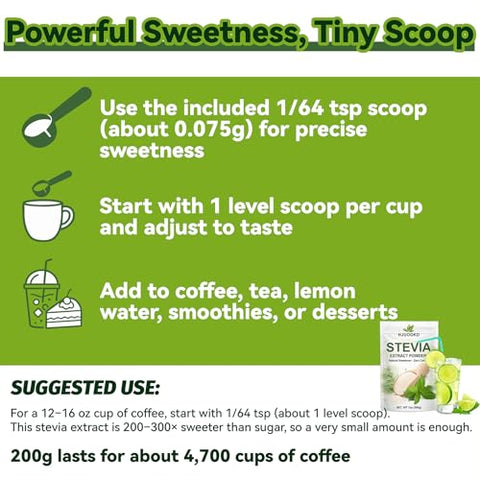 7 oz Pure Stevia Extract Powder Highly Concentrated Stevia Powder Sweetener Zero Calorie No Additives Natural Sugar Alternative for Drinks Baking & Desserts Includes Measuring Scoop