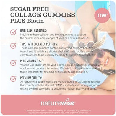 Naturewise Collagen Gummies - Strawberry Lemon Flavor - Type 1 & 3 Peptides For Women With Biotin, Vitamin C, E, & Zinc For Hair Skin And Nails & Joint Support - 60 Count[1-Month Supply]