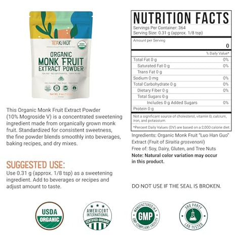 Pure Organic Monk Fruit Extract Powder, No Erythritol 4oz, 100% Monk Fruit Sweetener Powder for Keto and Paleo Diet, No Aftertaste, Zero Calories, Zero Carbs, Pure Monk Fruit Extract, 364 Servings